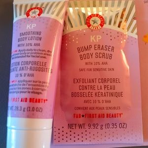 Travel size of the KP smoothing body lotion and a sachet of the body scrub